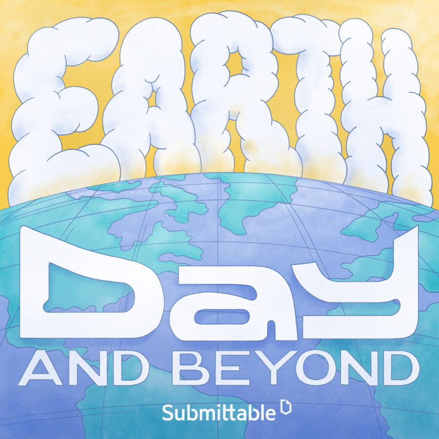 "Earth Day and Beyond" illustrationg with clouds and a globe