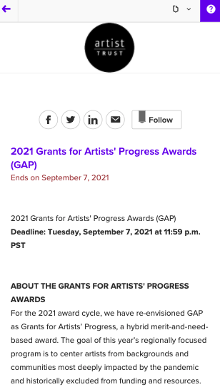 Screenshot of the Artist Trust grant application