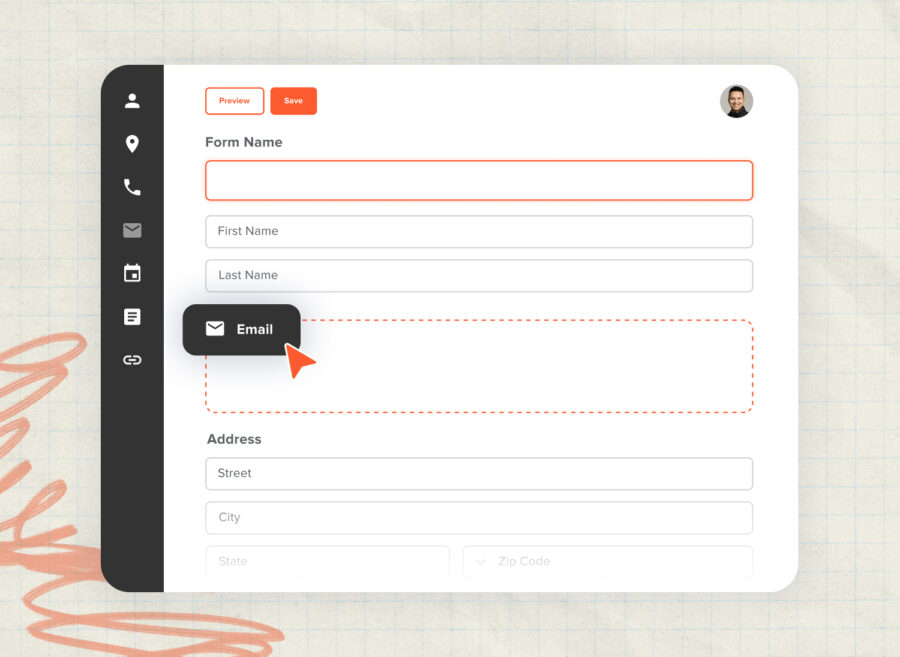 A stylized screenshot of Submittable's form builder with an mouse arrow dragging an email field to a blank form.