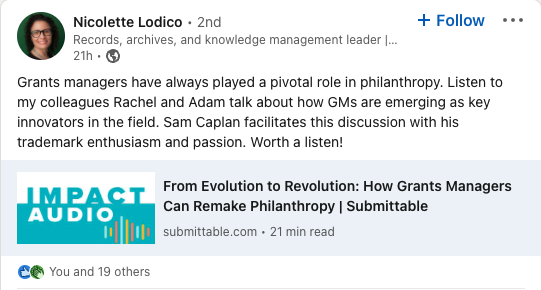 LinkedIn Post about Impact Audio Podcast