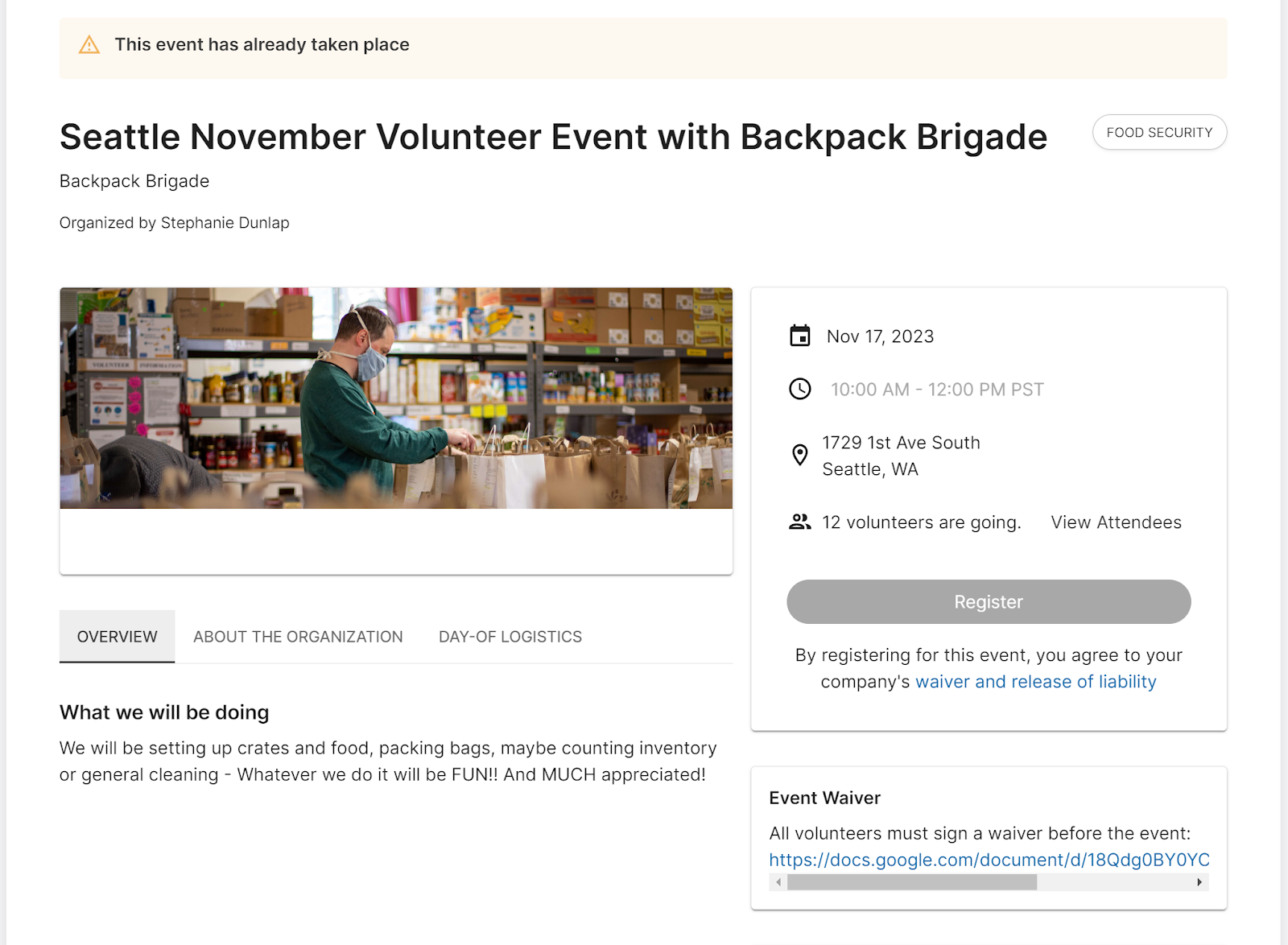 A view of our volunteer event in the Submittable employee volunteer platform.