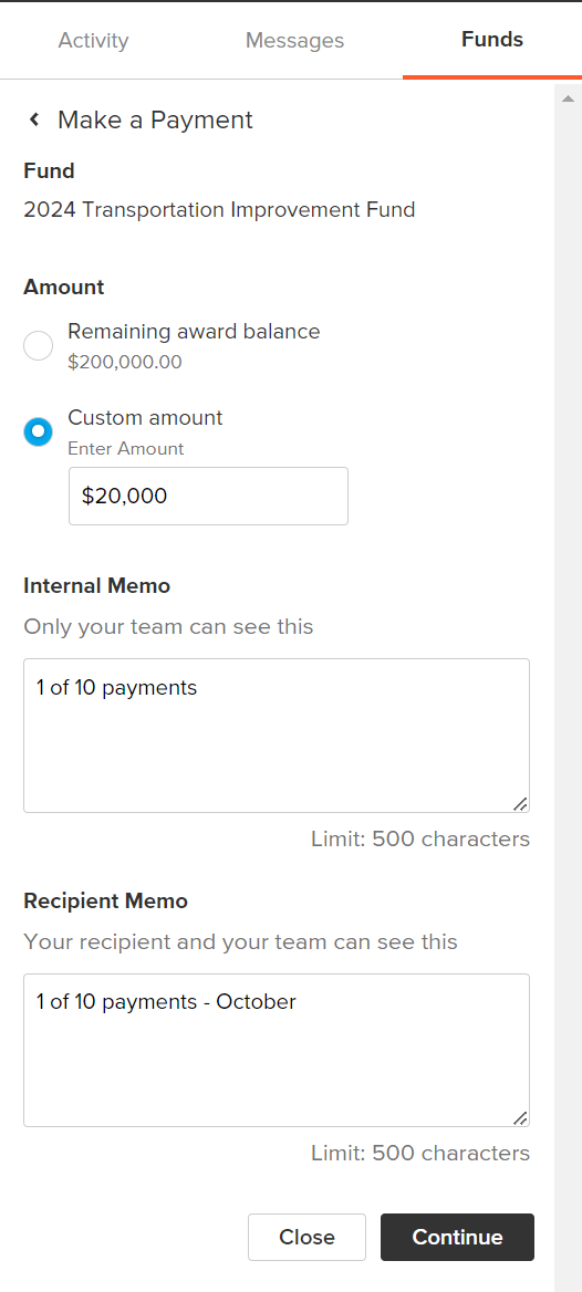 Image of Funds Tracking when an Admin is creating a payment transaction