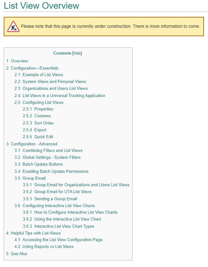 SmartSimple help site table of contents 